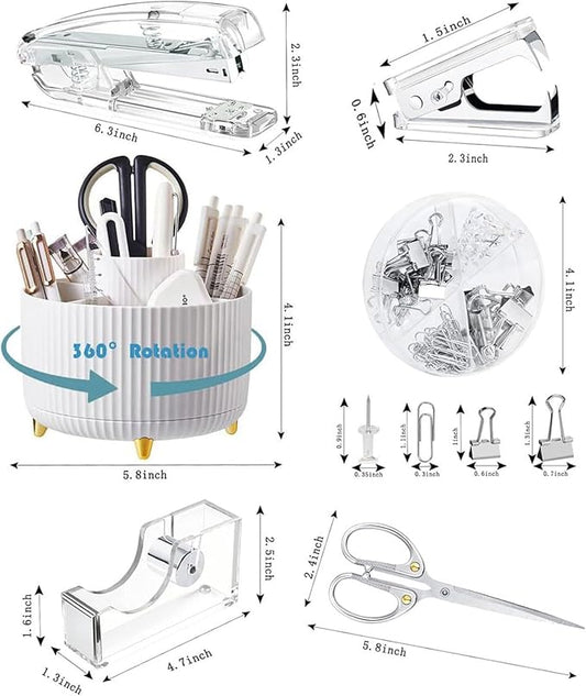 Desk Organizers and Accessories Set with 360-Degree Rotating Pen Holder, Acrylic Stapler, Tape Holder, Staple Remover, Binder/Paper Clips Kit, Scissor and 1 Box of Staples