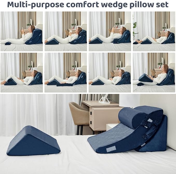 4pcs Wedge Pillow Set for After Surgery，Upright Pillows for Sitting in Bed,Foam Wedge for Back Pain Relief and Leg Pain，Pillow Wedge for Acid Reflux Relief and Anti-snoring