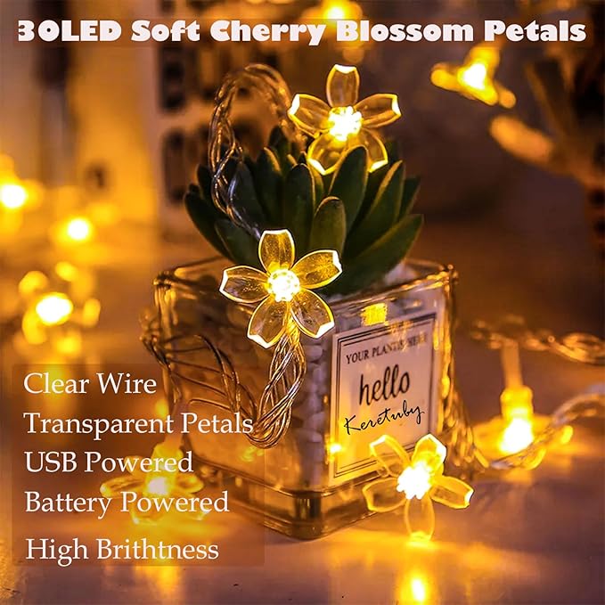 Fairy Flower String Lights Battery USB Operated, 10ft 30 LED Decorative Cute Cherry Blossom Floral Lamp for Bedroom, Christmas, Parties, Wedding, Centerpiece, Dorm Indoor Decoration (Warm White)