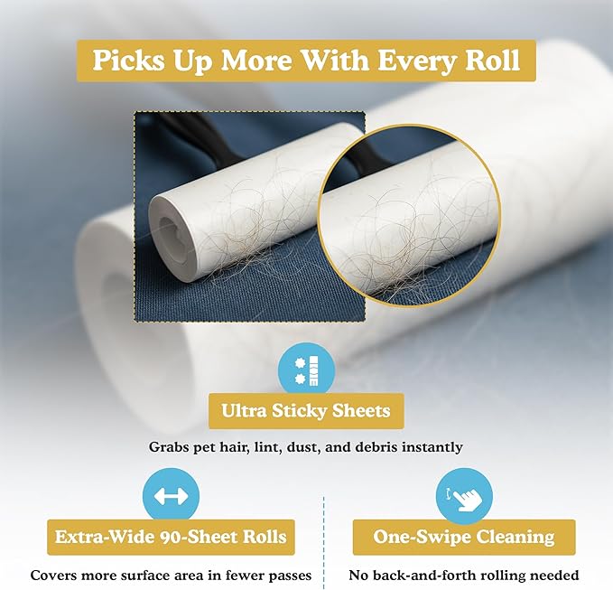 Extra Sticky Lint Roller Set 6 Pack 540 Sheets Wide Lint Remover Refills with 2 Easy Grip Handles Pet Hair Remover for Clothes Furniture Car Seats Bedding Couch Carpet and Laundry