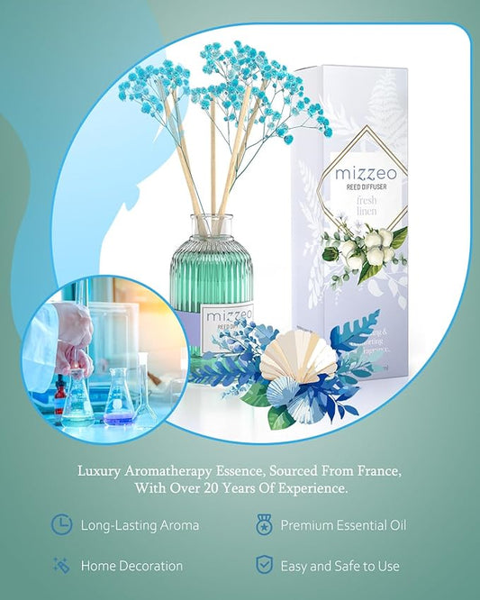 MIZZEO Reed Diffuser Set, Clean Linen 6.76 fl oz Highly Scented Room Diffuser Home Fragrance Essential Oil Reed Flower Diffuser, House Bedroom Office Decor & Gifts