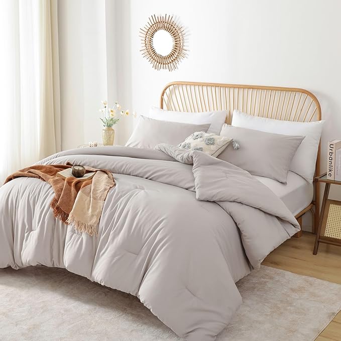ROSGONIA King Size Comforter Set Linen Grey, 3pcs(1 Boho Comforter & 2 Pillowcases) Soft Lightweight Bedding Blanket All Season Bedspreads Quilt