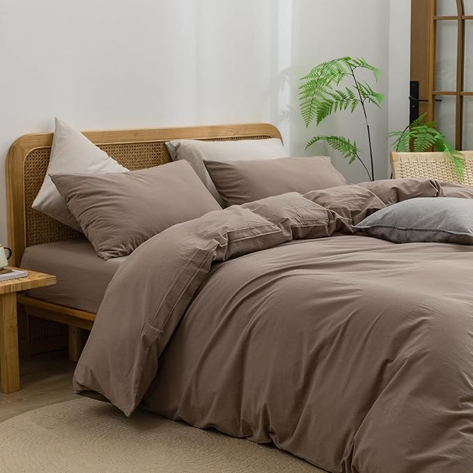 BESTOUCH Duvet Cover Set 100% Washed Cotton Linen Feel Super Soft Comfortable Chic Lightweight 3 PCs Home Bedding Set Solid Pine Bark Brown Queen