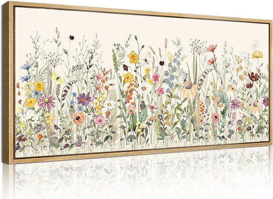 Large Floral Wall Art Decor Framed Colorful Wildflower Painting Pictures for Living Room Bedroom 40x20 Inches