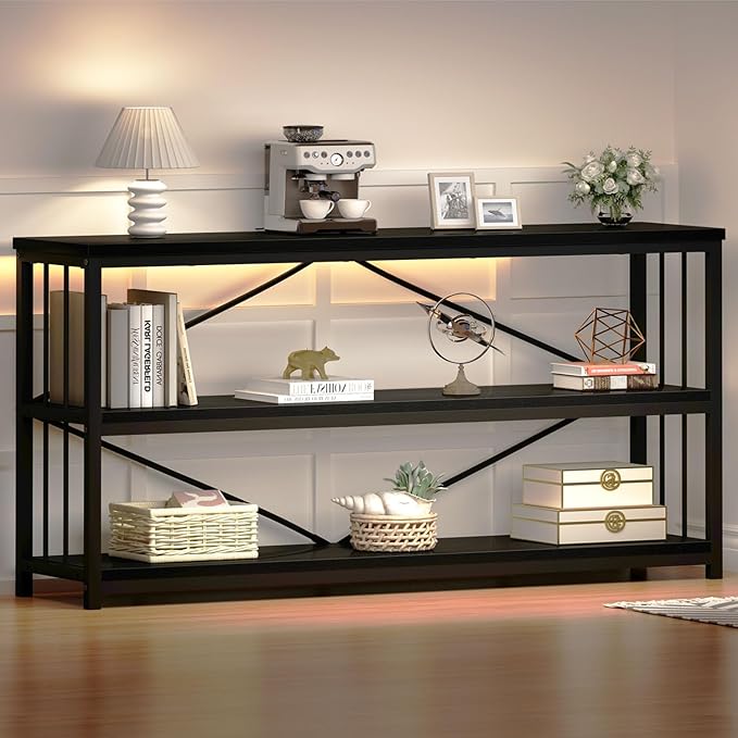 HSH Black Low Bookshelf, Wood Metal 3 Tier Long Horizontal Bookcase for Bedroom, Large Open Etagere Bookshelves with Storage for Home, Wide Under Window Book Shelf for Office Living Room, 70 Inch