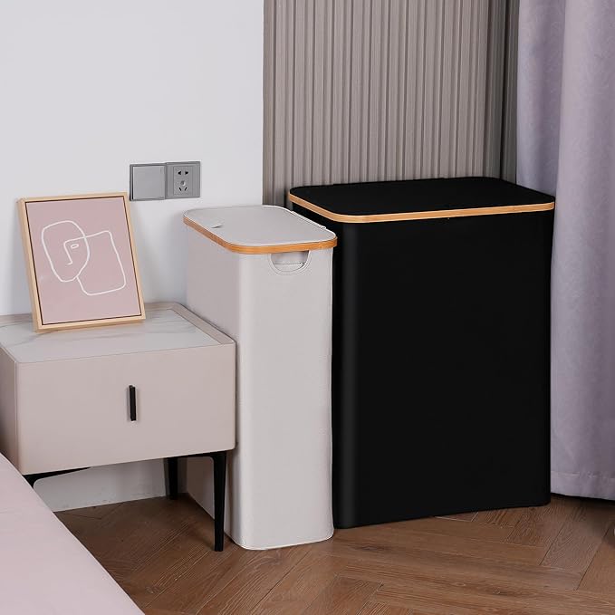 efluky Slim Laundry Hamper with Lid, Narrow Laundry Hamper with Removable Bag, Collapsible Dirty Clothes Basket with Handles for Bathroom, Bedroom & Laundry Room, 75L Light Grey