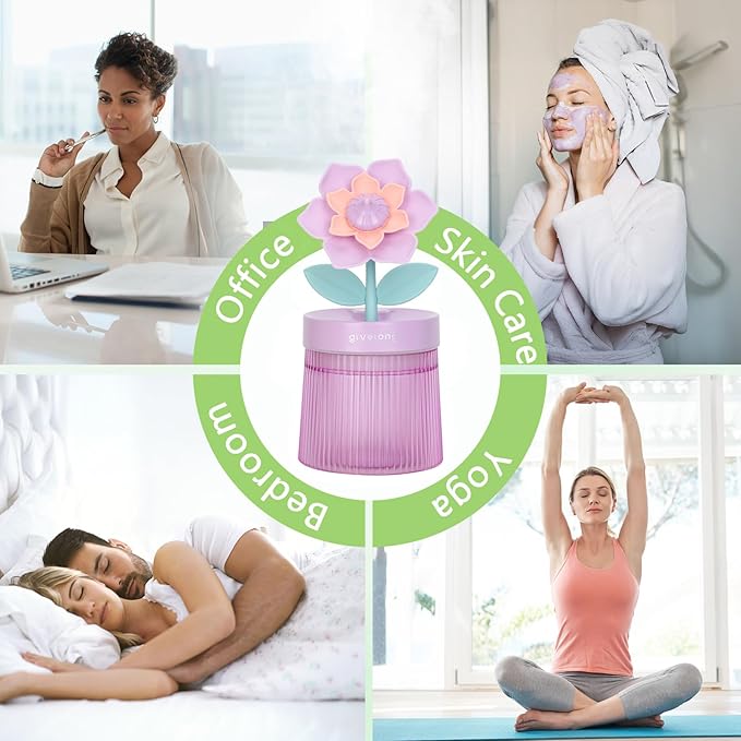 Cute Flower Mini Humidifier, 260ml Gardenia Desktop Humidifiers for Bedroom, Portable Small Cool Mist Humidification for Home, Baby Nursery, Office & Indoor Plants, USB Powered (Purple)