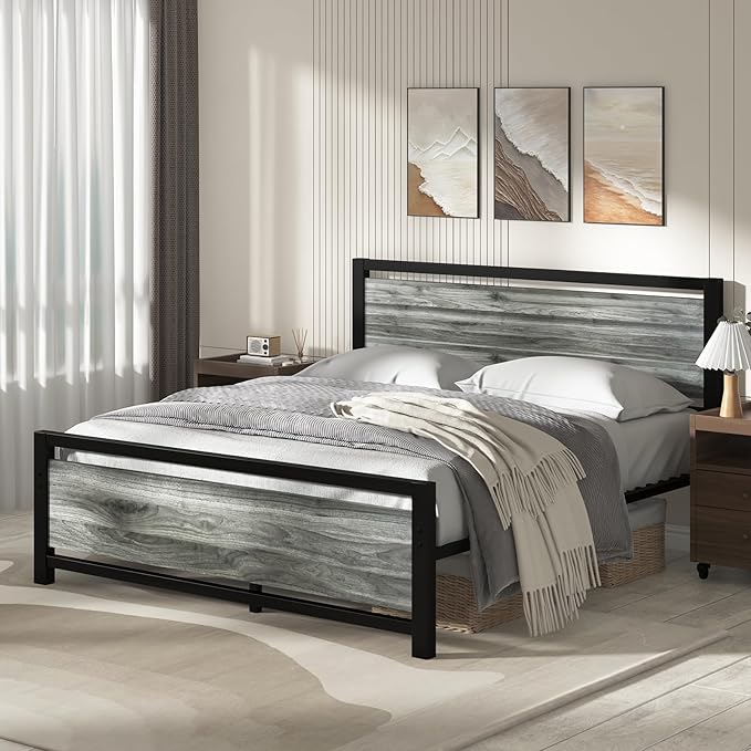 Full Size Bed Frame with Headboard, Industrial Style Full Bed Frame, Bed Frame Full Size with Wooden Footboard, No Box Spring Needed, Noise-Free, Easy Assembly, Wash Grey