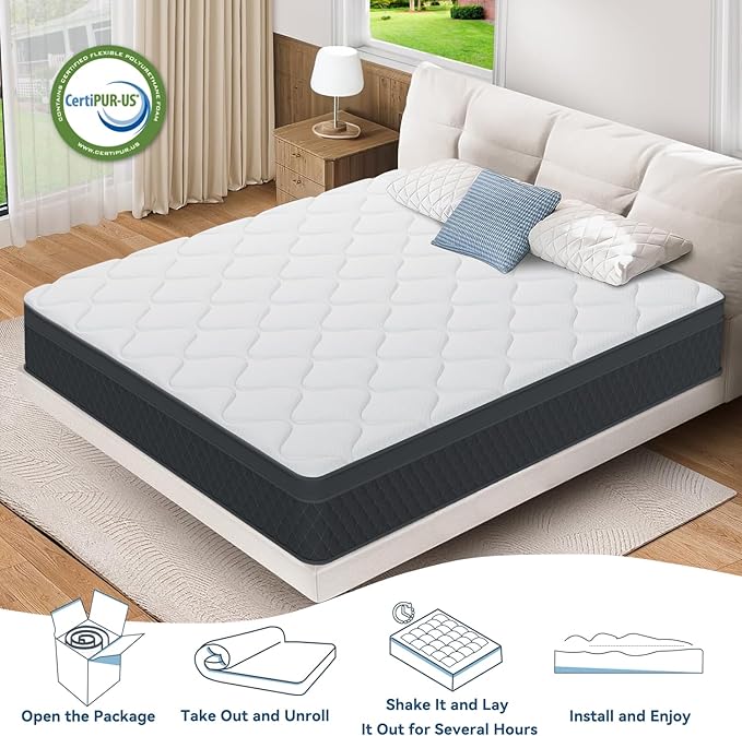 Full Mattress, 10 Inch Hybrid Memory Foam Mattress in a Box, Pressure Relief, Pocket Springs for Motion Isolation, Medium Firm Support, CertiPUR-US Certified, Fiberglass Free