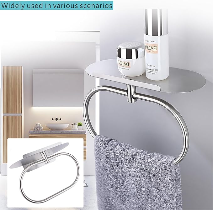 Towel Ring with Shelf Steel Self, Stainless Steel Bath Towel Rings, Self Adhesive Hand Towel Ring for Bathroom, Wall Mounted Towel Hanger for Bathroom Kitchen (Silver)