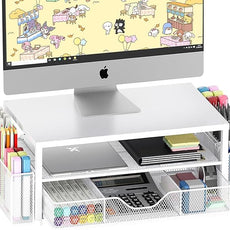 OPNICE Desk Organizers and Accessories, 2-Tier Computer Monitor Stand Riser with Drawer and 2 Pen Holders, Laptop Stand, Office Desk Accessories for Office Supplies, White