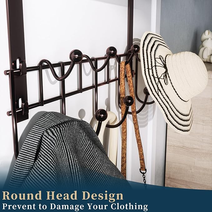 Consumest Over The Door Hooks Organizer - Extra Long Door Hanger with 9 Coat Hooks & 2 Mesh Basket, Back Storage Organizer Hanging Towels for Bathroom, Bedroom, Bronze (for 1.76in Doors)