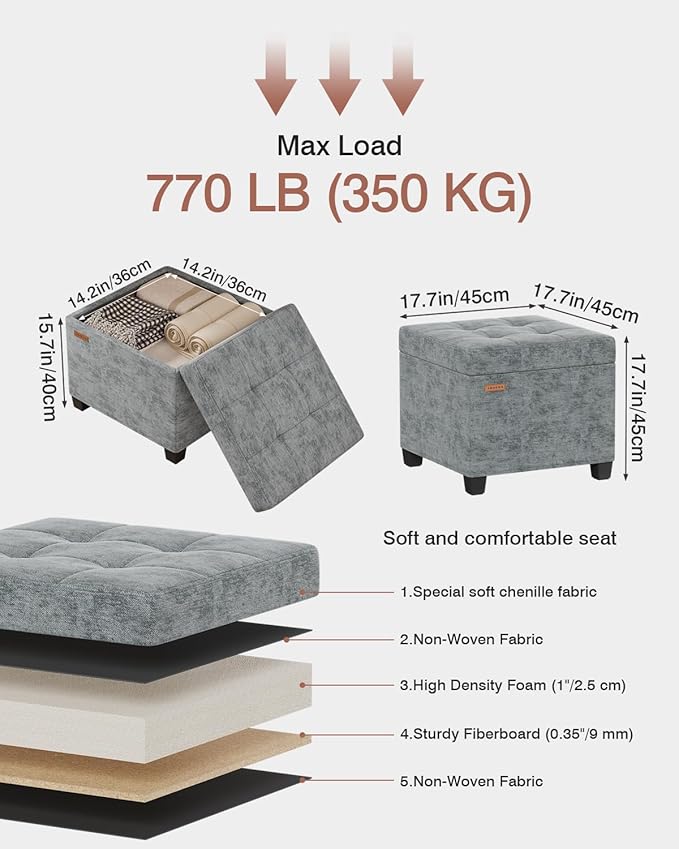 17.7 inches Chenille turfed Ottomans Cube with Storage, Metal-Framed Square Storage Ottoman Foot Rest Stool Holds 770 LB for Dorm Living Room Bedroom Gray UASN641G