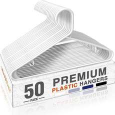 HOUSE DAY White Plastic Hangers 50 Pack, Plastic Clothes Hangers with Built-in Hooks, Durable and Strong Plastic Coat Hangers for Closet, Space Saving Clothing Hanger for Shirts, Coats, Skirt, Dress