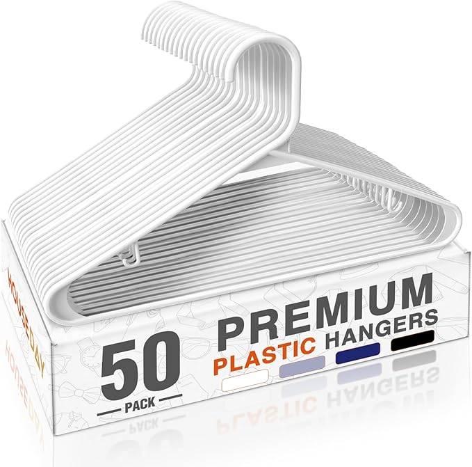 HOUSE DAY White Plastic Hangers 50 Pack, Plastic Clothes Hangers with Built-in Hooks, Durable and Strong Plastic Coat Hangers for Closet, Space Saving Clothing Hanger for Shirts, Coats, Skirt, Dress