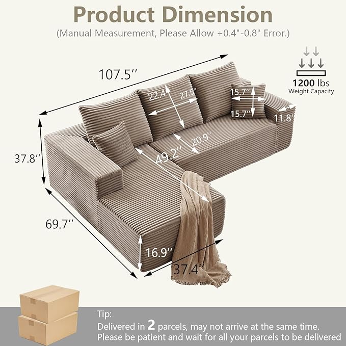 107" Cloud Sectional Couch with L-Shape Chaise, Modern Modular Comfy Sofa with Deep Seat, Upholstered Corduroy Couches Sleeper Chaise Longue for Living Room Bedroom, No Assembly Required, Camel