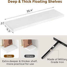 Fun Memories Floating Shelves for Wall, 36 x 9.3 Large Floating Shelf Wall Mounted Set of 2, Rustic Wood Shelves for Bathroom, Kitchen, Living, Heavy-Duty Storage Deep Shelf for Books, Decor, White