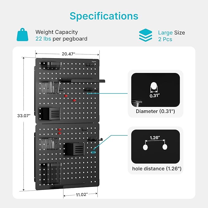 Pegboard Wall Organizer Combination Kit,Overall 33.1"x20.5" Metal Office Pegboard with 19 Accessories, Wall Mounted Peg board Display Panels for Home, Gaming Room, Garage (2Pcs,Black)