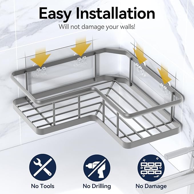 YASONIC Shower Caddy Corner, 3-Pack Adhesive Rustproof Stainless Steel Shower Shelves with Soap Holder, No Drilling Shower Organizer Corner for Dorm, Renters Bathroom, Grey