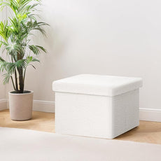 PINPLUS Storage Ottoman Cube Ottoman Foot Rest,Small Foldable Portable Boucle Upholstered Sherpa Ottomans, Faux Teddy Fur, White 16.5