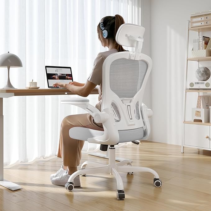 Office Chair Ergonomic Desk Chair, 330LBS Capacity, High Back Computer Chair for Long Hours Comfortable, Rolling Swivel Chair for Home Office, Flip-up Armrests，White+Grey