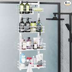 Orimade Over The Door Shower Caddy Adjustable 4 Tier White,Bathroom Hanging Organizer Shelf Rustproof with 4 Hooks,Shower Basket with Soap Holder and Suction Cup