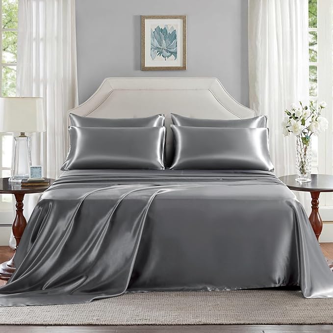 Satin Sheets Full Size - 6 Pieces Luxury Silky Soft Bed Sheets, Wrinkle-Free Dark Grey Satin Silk Sheet Set with 1 Deep Pocket Fitted Sheet, 1 Flat Sheet, 4 Pillow Cases