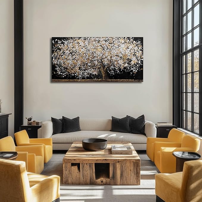 Gold Wall Decor Black Art Tree Wall Art for Living Room Canvas Painting Canvas Pistures Framed Modern Artwork for Home Kitchen 24"x48"