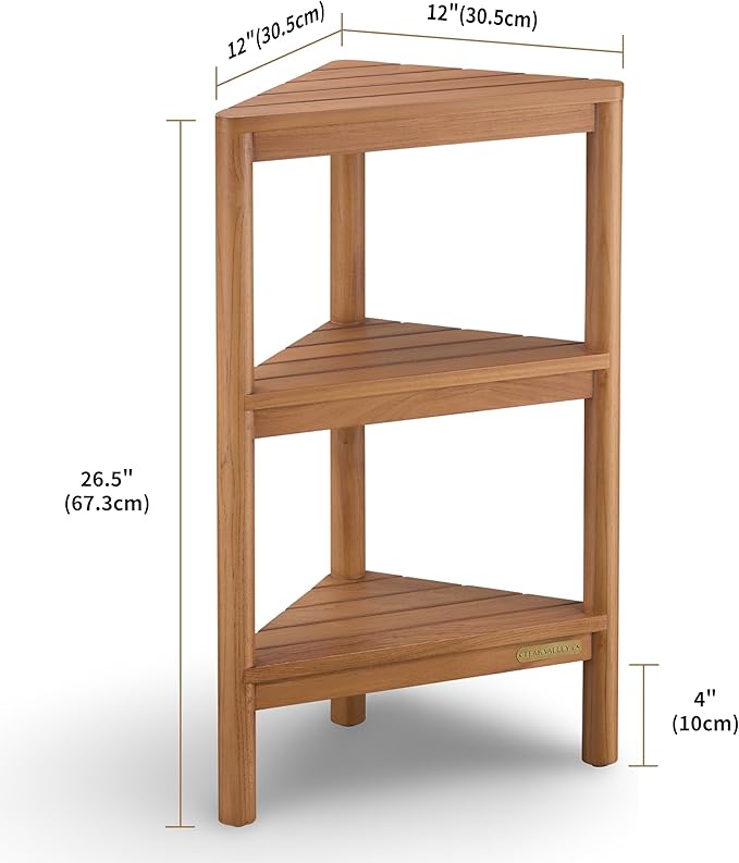 Fully Assembled Teak Corner Bath Shower Storage Stand, Corner Shelves, Shower Caddy 26.5"