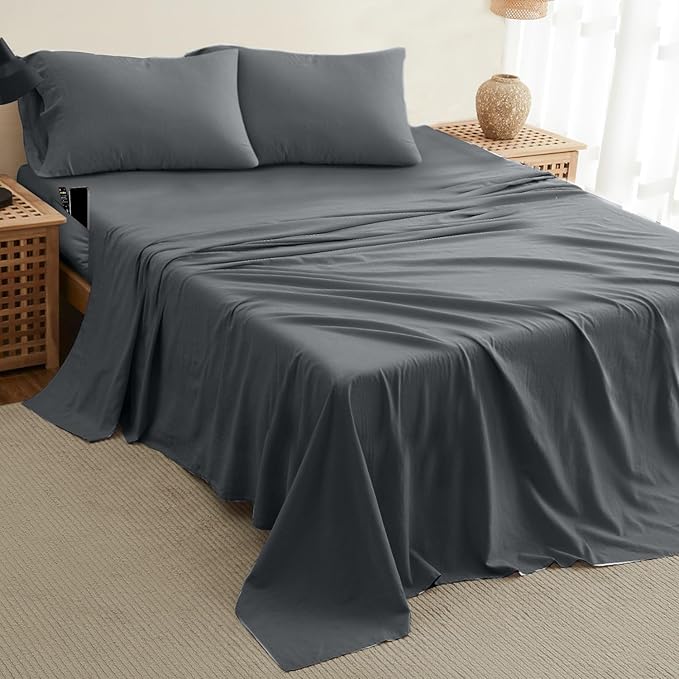 DREAMCARE California King Sheet Sets – 4 pcs Cooling Sheets – up to 21” Deep Cal King Sheets – Hotel Luxury Sheets & Pillowcases – Superior Softness 100% Fine Microfiber with Side Pocket – Dark Gray DREAMCARE
