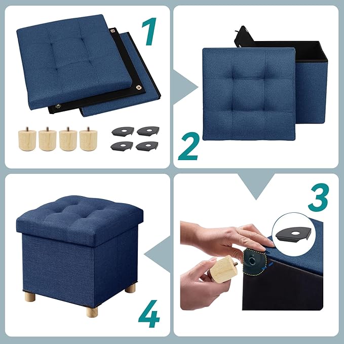 BRIAN & DANY Ottoman with Storage, Small Storage Ottoman for Dorm, Linen Folding Ottoman Foot Stool with Legs for Living Room and Bedroom, 14.8"x14.8"x16.1" - Blue