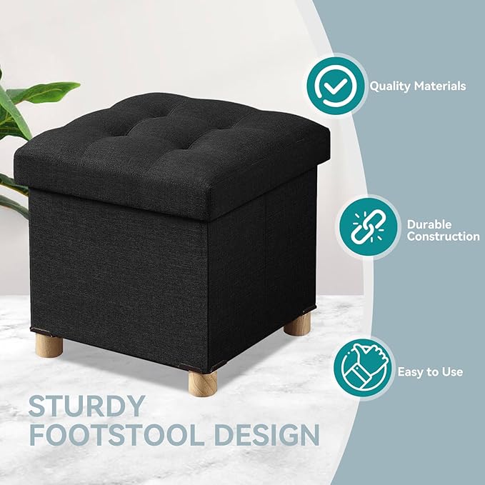 BRIAN & DANY Ottoman with Storage, Small Storage Ottoman for Dorm, Linen Folding Ottoman Foot Stool with Legs for Living Room and Bedroom, 15"x15"x15" - Black