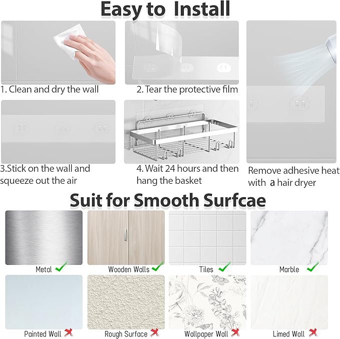 5 Pack Shower Caddy Organizer Rack Shelf for Inside Shower, Self Adhesive Bathroom Wall Storage Basket Rustproof Stainless Steel Large Capacity Shampoo Holder, Silver