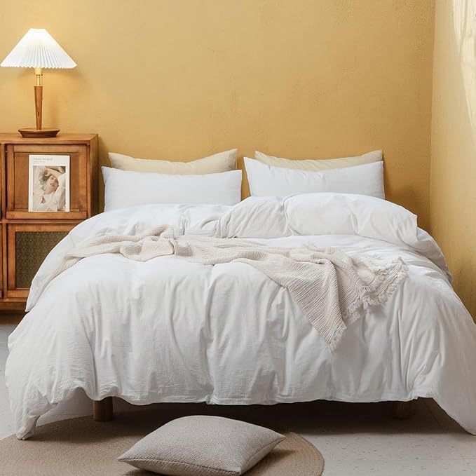 FOSSA Duvet Cover Set 100% Washed Cotton Linen Feel Super Soft Breathable Cozy 3 Pieces Bedding Sets Solid Off White Super Queen