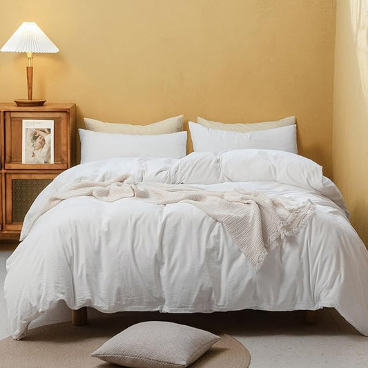 FOSSA Duvet Cover Set 100% Washed Cotton Linen Feel Super Soft Breathable Cozy 3 Pieces Bedding Sets Solid Off White Full/Double