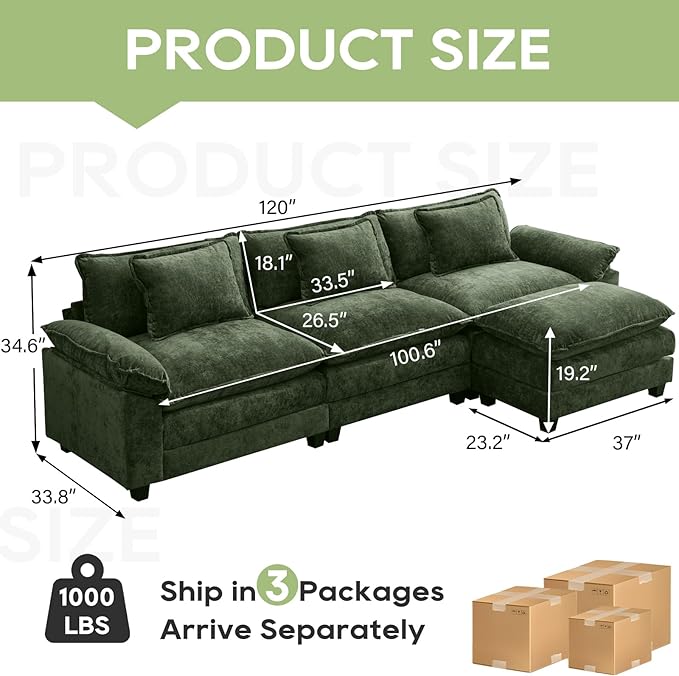 120" Modular Sectional Sofa, Comfy Cloud Couch Sectional Sofa with Ottoman, Chenille Sofa Sleeper Deep Seat Sofa with Throw Pillows for Living Room (Green, 120"- L Shape)