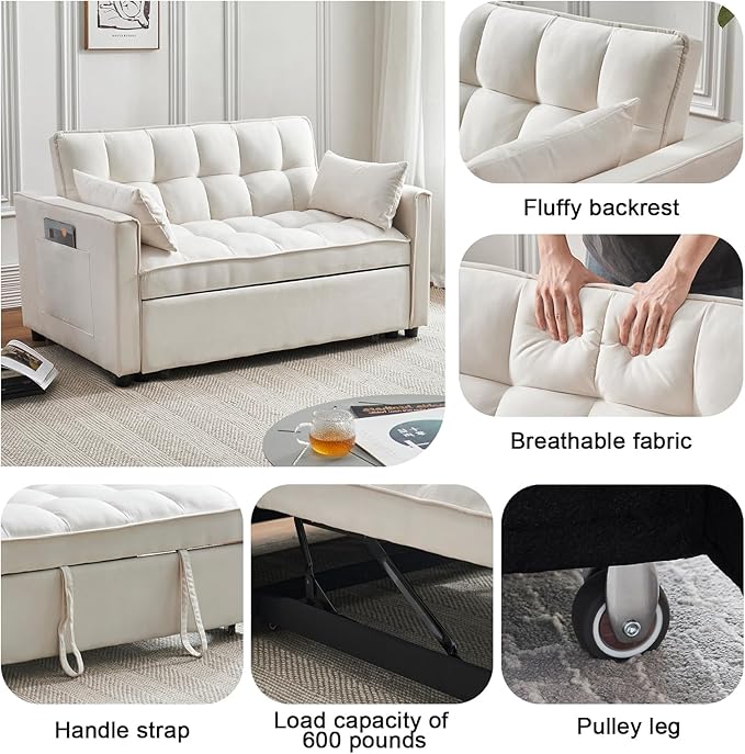Futon Sofa Bed, 3 in 1 Sleeper Sofa Couch Bed with Armrests, Storage Pockets and 2 Pillows, Adjustable Backrest, Sofa Bed Couch for Living Room, Bedroom, Office,Reading Room(Beige)