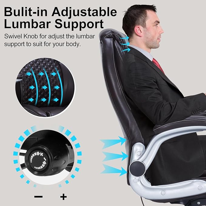 Home Office Chair, Executive Comeputer Desk Chair Ergonomic Office Chair with Adjustable Lumbar Support, Tilt Lock, PU Leather, Swivel Rolling Chair for Gaming Adult Working Study-Brown