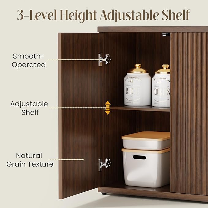 Fluted Buffet Cabinet Sideboard with Storage,Wooden Credenza with 2 Doors&Adjustable Shelve, Modern Accent Cabinets Coffee Bar Bookcase for Living Room,Kitchen Dining Room Entryway 15"D Brown