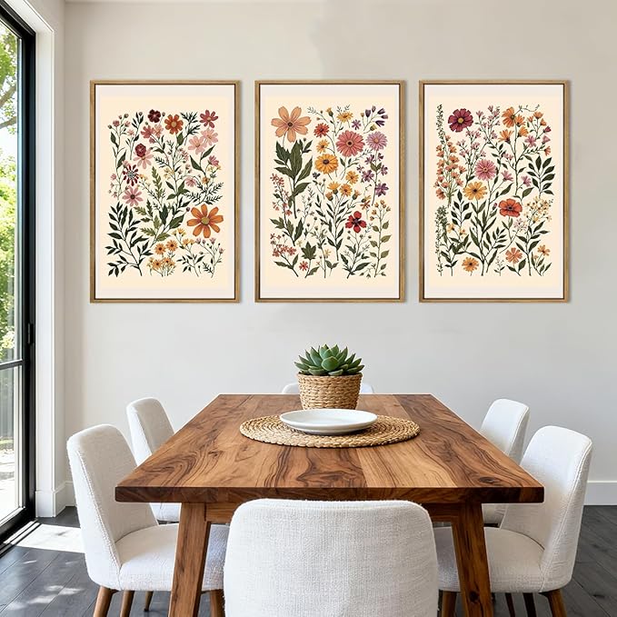 BINCUE Neutral Framed Wildflower Wall Art Set of 3 Colorful Floral Wall Decor Vintage Flower Art Prints Set of 3 for Living Room Bedroom Bathroom 16x24 Inches