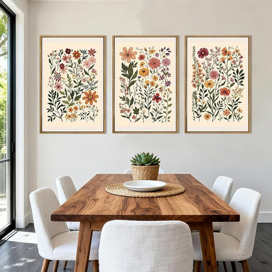 BINCUE Neutral Framed Wildflower Wall Art Set of 3 Colorful Floral Wall Decor Vintage Flower Art Prints Set of 3 for Living Room Bedroom Bathroom 16x24 Inches
