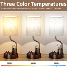 Bedside Table Lamps for Bedroom Set of 2 - Nightstand Lamp with AC Outlet Charging Port and USB A C, 3 Color Temperatures, Included Phone Holder & Pen Holder, Brown Night Stand Lamps for Guest Room