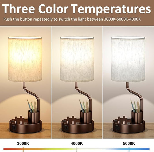 Bedside Table Lamps for Bedroom Set of 2 - Nightstand Lamp with AC Outlet Charging Port and USB A C, 3 Color Temperatures, Included Phone Holder & Pen Holder, Brown Night Stand Lamps for Guest Room