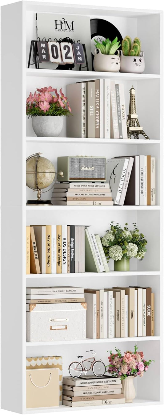FOTOSOK 6-Tier Open Bookcase and Bookshelf, Freestanding Display Storage Shelves Tall Bookcase for Bedroom, Living Room and Office, White