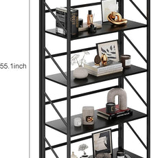 JSB No Assembly Folding Bookshelf, 5 Tier Industrial Metal Book Shelf for Storage, Vintage Wood Foldable Bookcase for Living Room, Bedroom, Office Organization Shelves