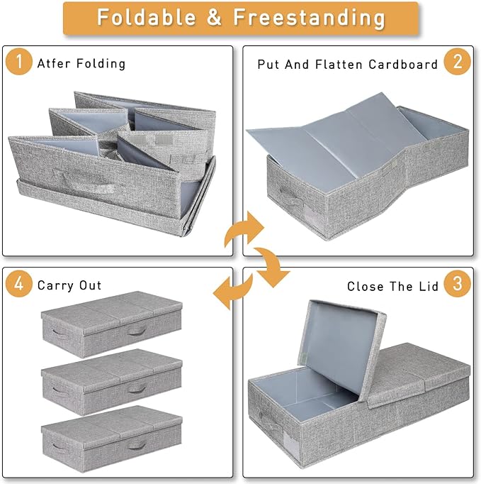 punemi Under Bed Storage Containers, 3 Pcs Large Blanket Clothes Storage Bag, Long Flat Firm Sides Underbed Organization And Storage w/ 3 Handles & Lid For Comforter Toy Closet, 31.1*15.7*6 inch Tall