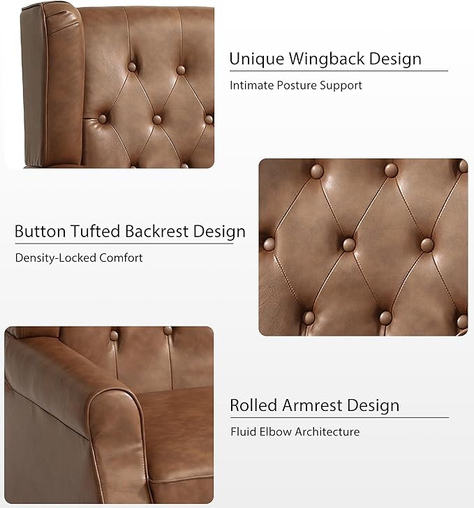 Lumibee High Back Accent Chairs Set of 2,Upholstered Faux Leather Wingback Armchairs with Solid Wood Legs for Small Spaces,Comfy Single Sofa Chairs for Living Room,Bedroom,Office-Brown