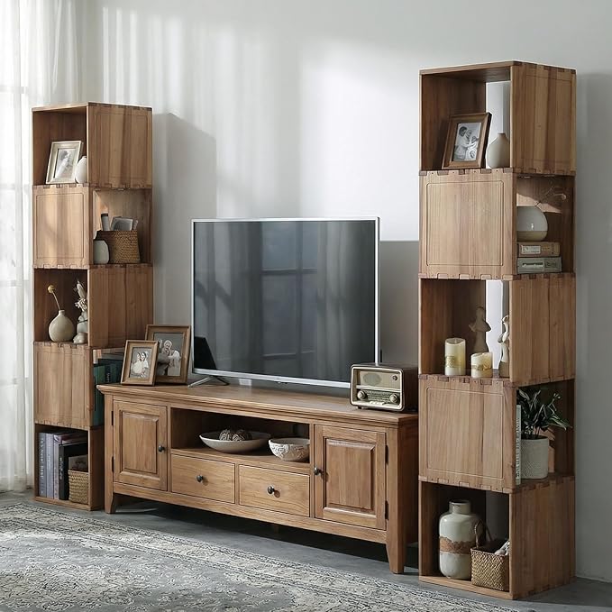 Solid Wood Corner Shelf, Square Bookcase Cube Tower, Stationary Shelves - Sturdy Freestanding Organizer for Beside TV Stand&Room Corners, Storage Display for Small Spaces, Rustic Brown, 3-Tier