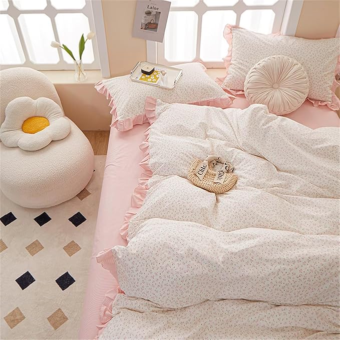 MKXI Full Size Small Floral Ruffle Comforter Set - 3 Piece Countryside Floral Comforter with Pillow Shams, Reversible White Pink Princess Bedroom Collection, Soft Aesthetic Bedding Set for Teen Girls