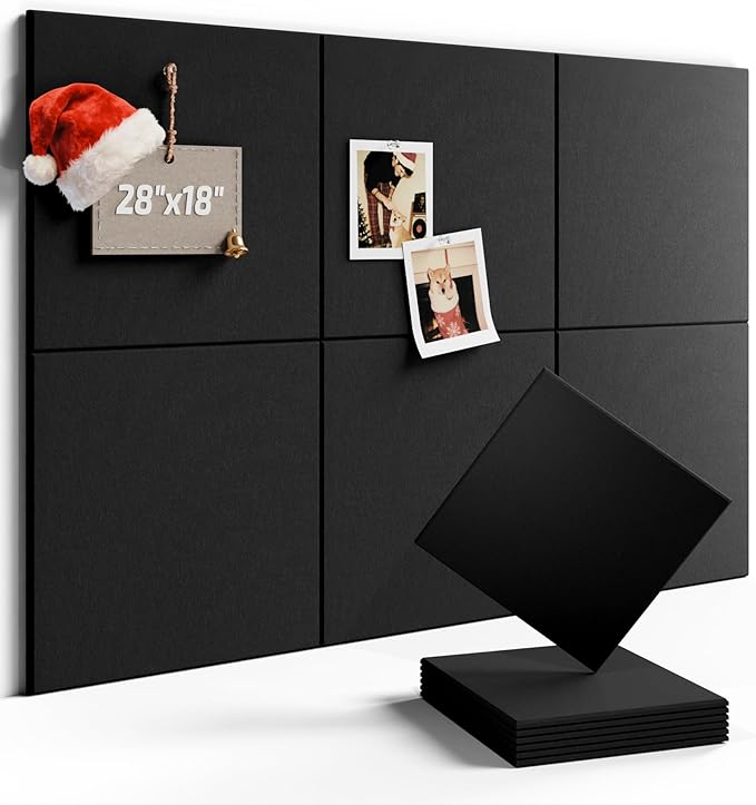Felt Bulletin Board Tiles -28"x18" Cork Board Alternative for Office Decor, Push Pin Board Wall Organizer 6-Pack - Black